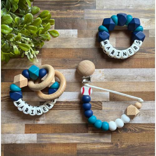 Seattle Mariners Collection - Baseball Clip - Baby Mariners Toy - Baseball Rattle Toy - Mariners Baby Gift - Navy - Boy Baby Shower Gift