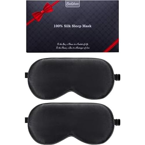 BeeVines Sleep Mask, 2 Pack 100% Real Natural Silk Eye Masks with Adjustable Strap for Sleeping, Mulberry Silk Eye Sleep Shade Cover, Blocks Light Reduces Puffy Eyes Traveling Gifts (Black & Black)