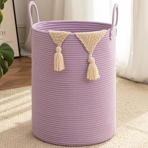 OIAHOMY Large Laundry Basket Hamper - 60L Cotton Rope Woven Basket for Blankets, Toys, Clothes - Tall Decorative Nursery Hamper with Long Handles, Purple