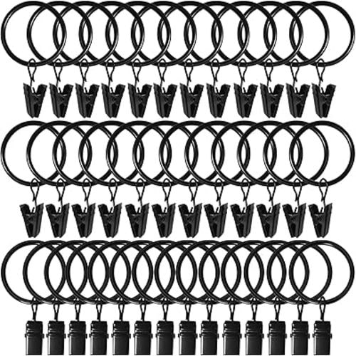 40 Pack Black Curtain Rings with Clips, Curtain Hooks Hangers Clip Rings for Hanging Drapes Bows Hat, Drapery Rings 1.26 in I D, Fits up to 1 in Diameter Curtain Rod.