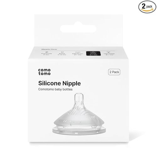 Comotomo Silicone Replacement Nipples for Baby Bottle Gen 2 (2026 Release) - Soft, Silicone Nipples with Dual Anti-Colic Vents Designed for Natural Latch (Pack of 2), Fast Flow (6+ Months)