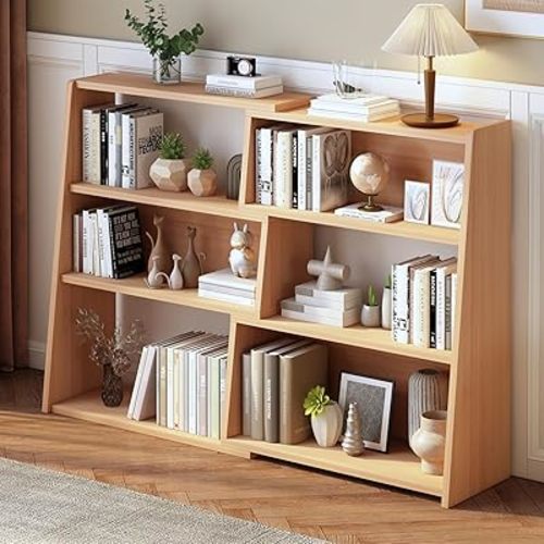 IOTXY Wooden Extendable Shelf Bookcase, 3-Tier Low Bookshelf, Oak, L