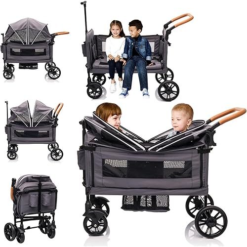 Wagon Stroller for 2 Kids & Cargo-Push-Pull Double Baby Wagon Lightweight Travel Folding Stroller for Toddler with 5-Point Harness,Adjustable Handle Bar and Canopy,Tray Table,Cup Holder(