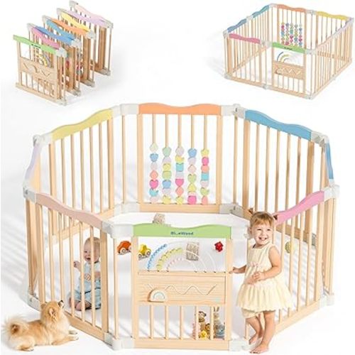 Foldable Wooden Baby Playpen - Adjustable Wood Play Yard, Indoor Large Safety Fence for Babies and Toddlers - Built-in Toys Design, 45 x 45 x 24 inches, Pastel Dream