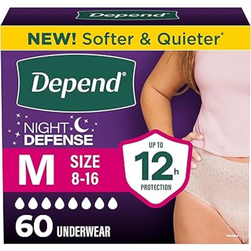 Depend Night Defense Adult Diapers, Incontinence & Postpartum Bladder Leak Underwear for Women, Disposable, Overnight, Medium, Blush, 80 Count, Packaging May Vary
