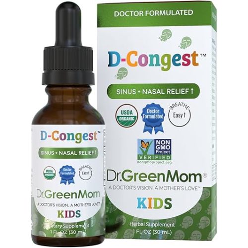 Dr. Green Mom D-Congest Kids - Organic Kids Sinus Support Drops | Drug-Free Herbal Supplement for Children's Stuffy Nose, Nasal & Respiratory Health | USDA Organic, Non-GMO