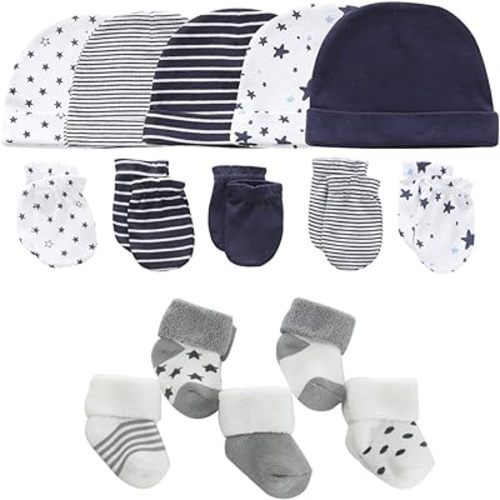 Newborn Baby Boy Girl Caps Mittens Socks Set Cotton Baby Essentials Accessories (Hats+Gloves+Socks)