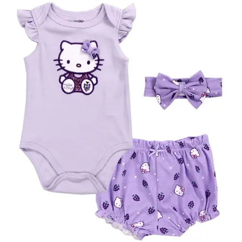 3 Pc Hello Kitty Gift Set Bodysuit Headband Shorts Purple White Glitter Size 6 Months Baby Girls