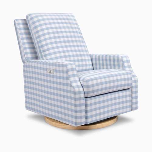 Namesake Crewe Electronic Recliner and Swivel Glider - Blue Gingham With Light Wood Base