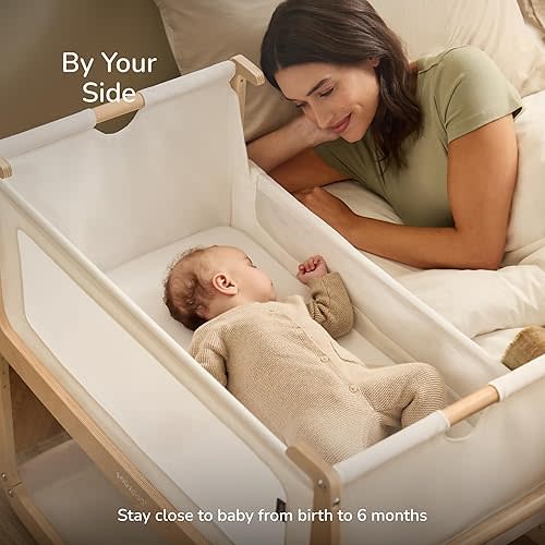 SnuzPod 5 Bedside Bassinet for Baby - Newborn bed with Zip Down Breathable Windows, Bedside Sleeper with Lift-Off Bassinet, Portable & Rocking Stand, 3-in-1 Baby Cradle with Wheels & Mattress, Natural