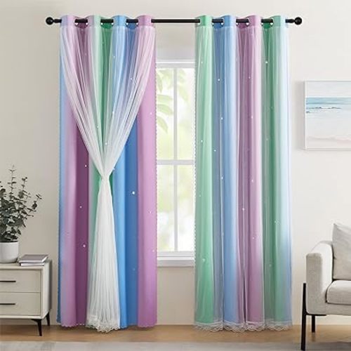 XiDi Blackout Curtains for Girls Bedroom Decor 63 Inches Long Window Curtains Colorful Rainbow Design 2 Panel, Kids Room Unicorn Princess Theme Home Decor Ombre Drapes Green Purple Blue W34 X L63