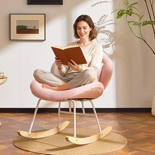 VINGLI 25.6" Extra Wide Nursery 115° Armless Rocking Chair, Curved Cute Cross-Legged Glider Chair with Pillow & Solid Wood, Nursing Chair for Bedroom, Living Room, Teddy Fleece, Pink