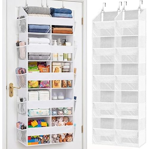 Over The Door Organizer 5 Tiers, Extra Large Behind Door Storage of 10 Compartments, 80 lbs Weight Capacity Hanging Storage Organizer with Clear Window Kids Toys, Shoes,Diapers, Room Storage, White