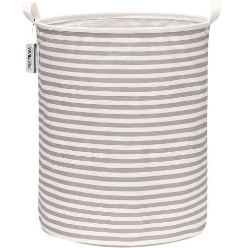 Sea Team Collapsible Canvas Fabric Laundry Hamper with Handles, Cylindric Waterproof Storage Basket, Closet Organizer, 19.7 x 15.7 Inches, Grey Stripe