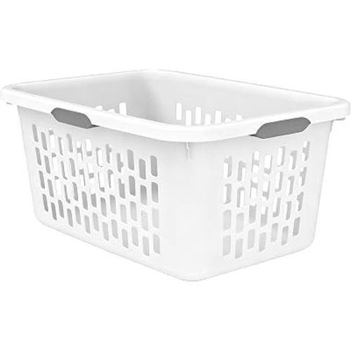 Large Plastic Laundry Basket, 70L, White, Ventilated, with Grip Handles, Rectangular Cloths Hamper for Home, Dorm, Bathroom
