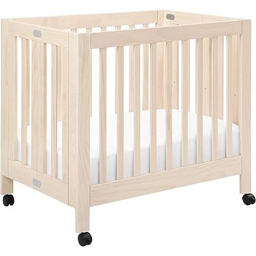 Babyletto Origami Mini Portable Crib Folding with Wheels in Washed Natural, 2 Adjustable Mattress Positions, Greenguard Gold Certified