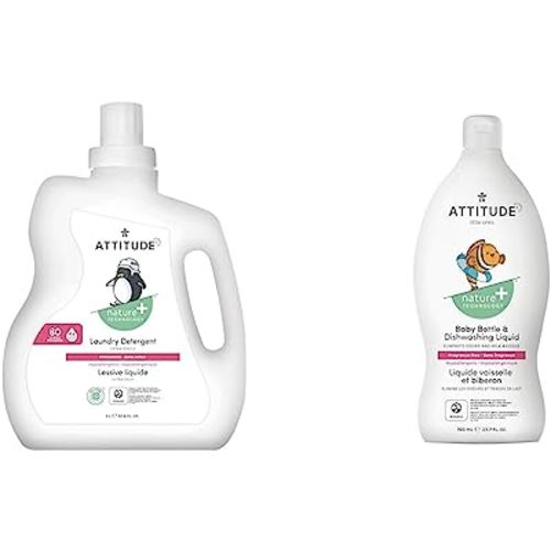 Bundle of ATTITUDE Baby Bottle and Dishwashing Liquid, EWG Verified, Vegan, Unscented, 23.7 Fl Oz + Baby Laundry Detergent, EWG Verified, HE Compatible, Unscented, 80 Loads, 67.6 Fl Oz
