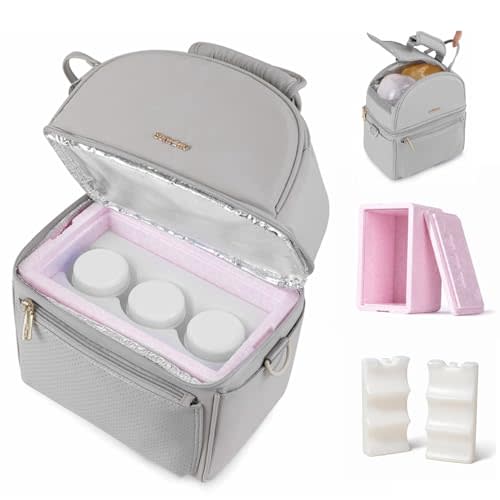 SUNVENO Breast Milk Cooler Bag with Detachable Insulation Box, Double-Layer Pumping Travel Bag for Work & Daycare, Fits Bottles, Ice Packs and Pump Parts,Grey