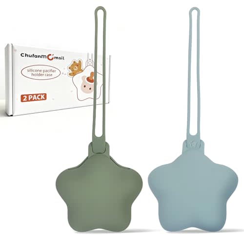 Silicone Pacifier Holder Case, ChufanMomsil Pacifier Pouch Storage Case for Diaper Bags, Cute Silicone Pacifier Holders for Newborn Baby Boy Girl, 2 Pack Stars, Green + Blue