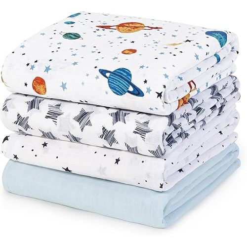 david's kids 4 Pack Baby Muslin Swaddle Blankets, 100% Cotton and Ultra Soft Breathable Receiving Blanket Wrap for Boys Girls, New Born Essentials, Large 47 x 47 inches, Space&Stars