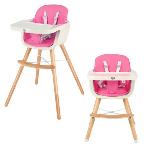 Costway Baby joy Wooden High Chair Baby Toddler 3 in 1 Convertible Highchair w/ Cushion Pink