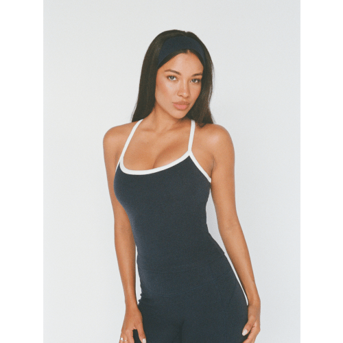 organic cotton piped tank with built-in bra – navy blue