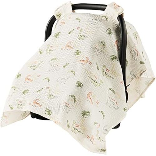 100% Muslin Cotton Car Seat Cover for Baby, Soft Breathable Car Seat Canopy, Universal Infant Carseat Cover Sun Protector, Lightweight Summer Stroller Cover for Boys Girls - Dinosaur