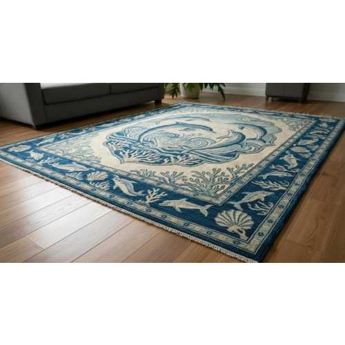 Handmade Wool Dolphin Area Rug: Coastal Ocean Theme