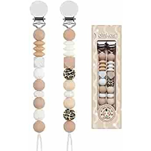 Pacifier Clip Paci Holder Baby Girls Boys Silicone Teething Beads Soothie Binky Clips Teether Toys 2 Pack (Leopard Print, Beige,Brown)