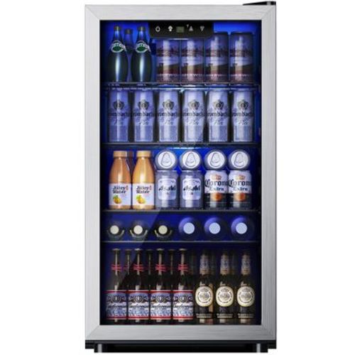 Simzlife 3.2 cu. ft. 130 Can Beverage Refrigerator, Mini Cooler with Reversible Glass Door&LED Light, Adjustable temperature, Removable Shelf, Silver