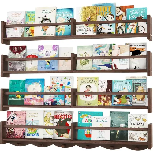 34Inch Nursery Bookshelves,Set of 4,Wall Floating Shelf Kids Coat Rack with 6Hooks,Hanging Book Shelf for Baby Nursery Room Décor (Dark Brown, 34)