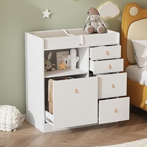 Baby Changing Table Dresser with 5 Drawers, Baby Nursery Dresser with Laundry Basket, Infant Changing Station Organizer for Nursery and Bedroom, White (33.5" W x 18" D x 37" H)