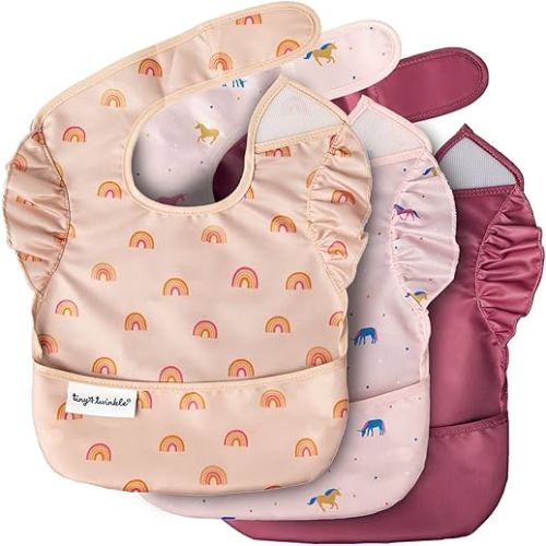 Tiny Twinkle Mess-Proof Baby Bibs for Eating | Waterproof, Wipeable Toddler Bibs with Catch-All Pocket | Feeding Bibs for Girls & Boys(3 Pack,Unicorn)