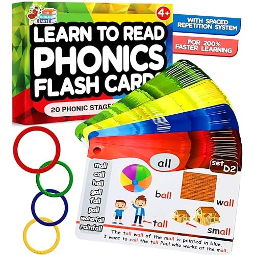 Phonics Flash Cards with Proven Spaced Repetition Learning System - Learn to Read in 20 Phonic Stages - Digraphs CVC Blends Long Vowel Sounds Phonics Games for Kids Ages 4-8 Kindergarten 1st 2nd Grade