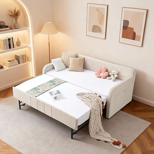 DNYN Twin Size Velvet Daybed Frame with Pop-up Trundle Bed for Bedroom Guest/Living Room, Space-Saving Upholstered Sofabed with USB Port & Side Pocket, No Box Spring Needed