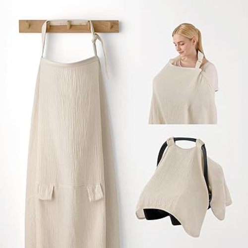 Blissful Diary 2-in-1 Muslin Baby Car Seat Cover, Multi-use Nursing Cover for Breastfeeding, Breathable Infant Car Seat Cover Canopy - Beige