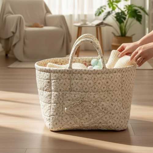 Floral Quilted Storage Basket – Nursery Organizer, Bathroom Laundry Bin, Soft Home Decor Basket, Gift for Moms & Kids
