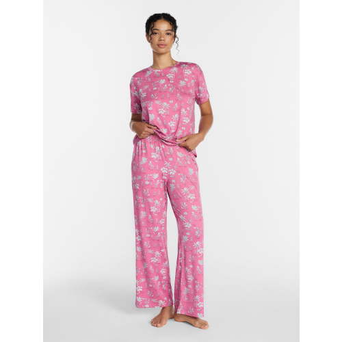 Joyspun Women's Dreamy Soft Collection Short Sleeve Sleep Top and Open Leg Pants Pajama Set, 2-Piece, Sizes XS-3X