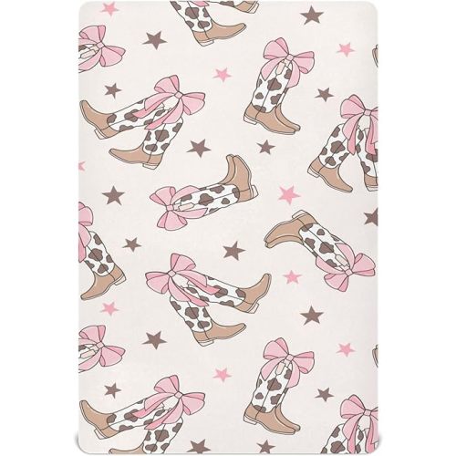 Bows Cowgirl Boots Western Crib Sheets Soft Breathable Fitted Baby Crib Sheets Mattress Cover for Girl Boys, 52" x 28" x 9"