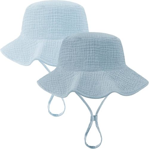 2 Pack Muslin Baby Sun Hat UPF 50+ Sun Protection Baby Bucket Hat with Wide Brim Beach Hats for Boys Girls