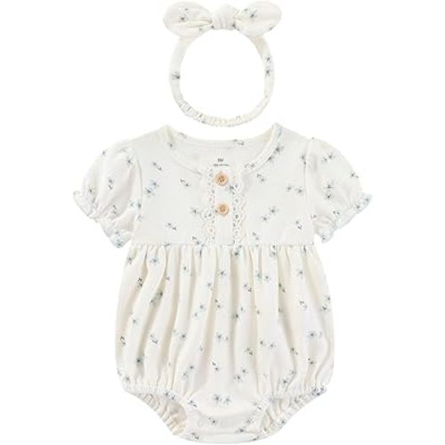 Baby Girls Clothes Set Cotton Floral Bodysuit Dress with Headpiece for 3-24 Months