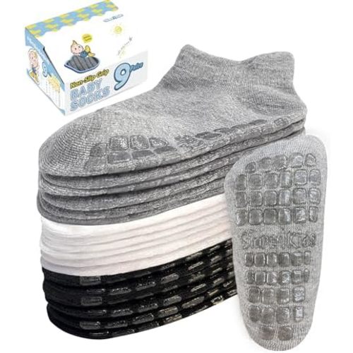 Simply Kids Baby Non-Slip Ankle Socks (9 Pairs) – Superior Grip, Soft Cotton, for Active Toddler Girls & Boys (Ages 0-7)