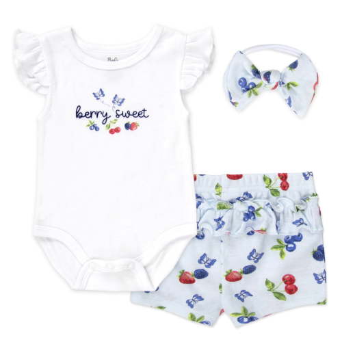Baby Essentials 3 Months Infant Girls Bodysuit with Ruffle Shorts and Matching Headband Hairbow Cotton Polyester Spring Summer Outfit in Berry Sweet