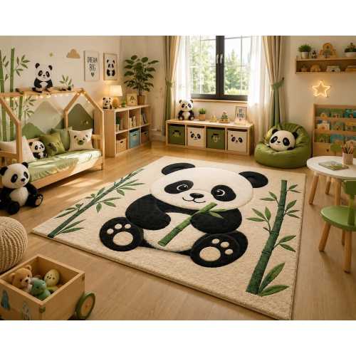 Cute Panda with Bamboo Kids Area Rug – Adorable Animal Nursery Carpet for Kids Bedroom, Playroom & Baby Room Decor