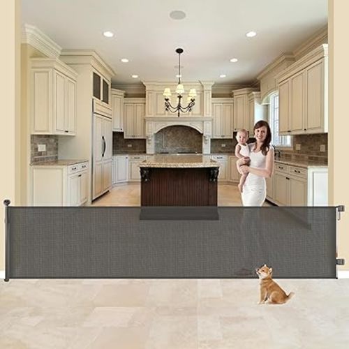 Punch-Free Retractable Baby Gate, Thick Mesh, Child Safety Gate for Doorways, Stairs, Hallways, Indoor Outdoor, No Drill, (Grey, 35 * 118 Inch)