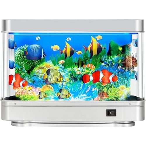 DoubleCare Fake Fish Tank,Virtual Ocean Moving Fish lamp,Fake Aquarium Decor,Realistic Artificial Aquarium Decorations for Bedroom & Office（Sliver）