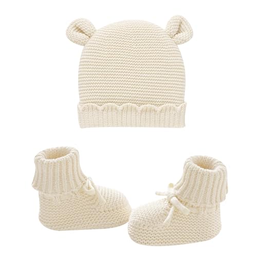 Hadetoto 100% Organic Cotton Baby Beanie and Booties Set | Newborn, Knit Sock Shoes, Warm Winter Hat Cap, For Infant Boy Girl