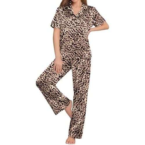 Ekouaer Womens Silk Pajama Sets Silky Short Sleeve Pjs 2 Piece Silk Button Down Pajamas Soft Satin Pj Pants Set