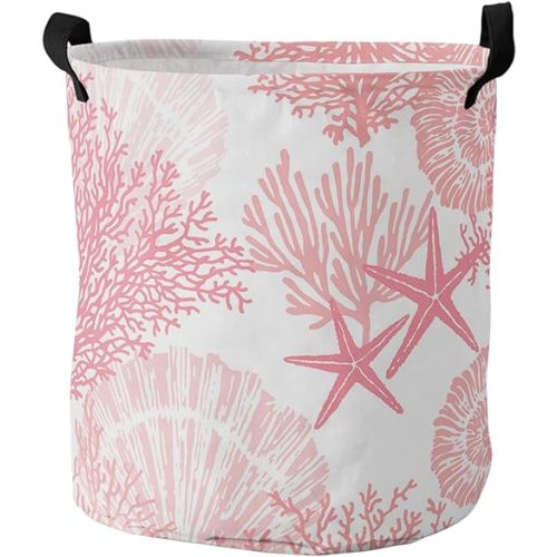 Pink Coral Large Laundry Basket, Waterproof Laundry Hamper for Baby Clothes, Coastal Seaside Nautical Starfish Foldable Laundry Baskets with Handles, 13.8''x17''