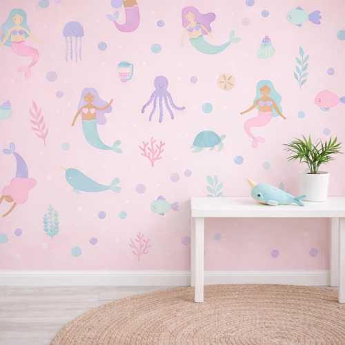Watercolor Mermaid Wall Decals, Removable Sea Life Stickers for Nursery, Kids Room Decor